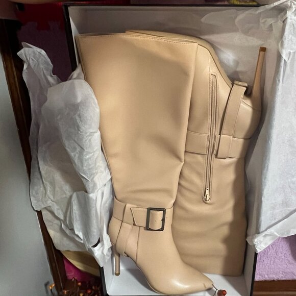 AAJ by Aminah Womens AYIDA Pointed Toe-Buckled Tall Boots Sz 6.5M in Tan - Picture 1 of 6